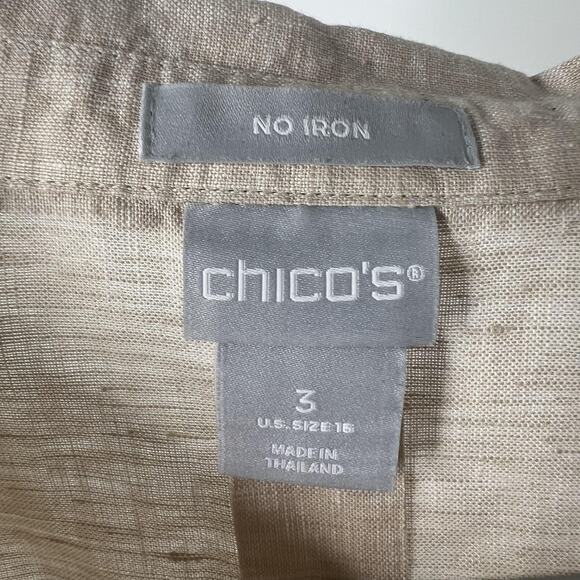Chico's Shirt Womens 16 3 Beige 100% Linen No Iron Button Front 3/4 Sleeve - Picture 3 of 8